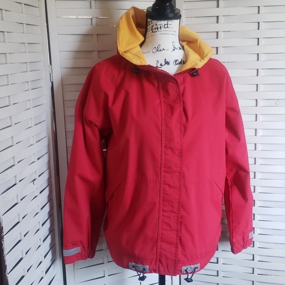 Hanna Anderson red and yellow women's rain hoodie fleece lined jacket size XS